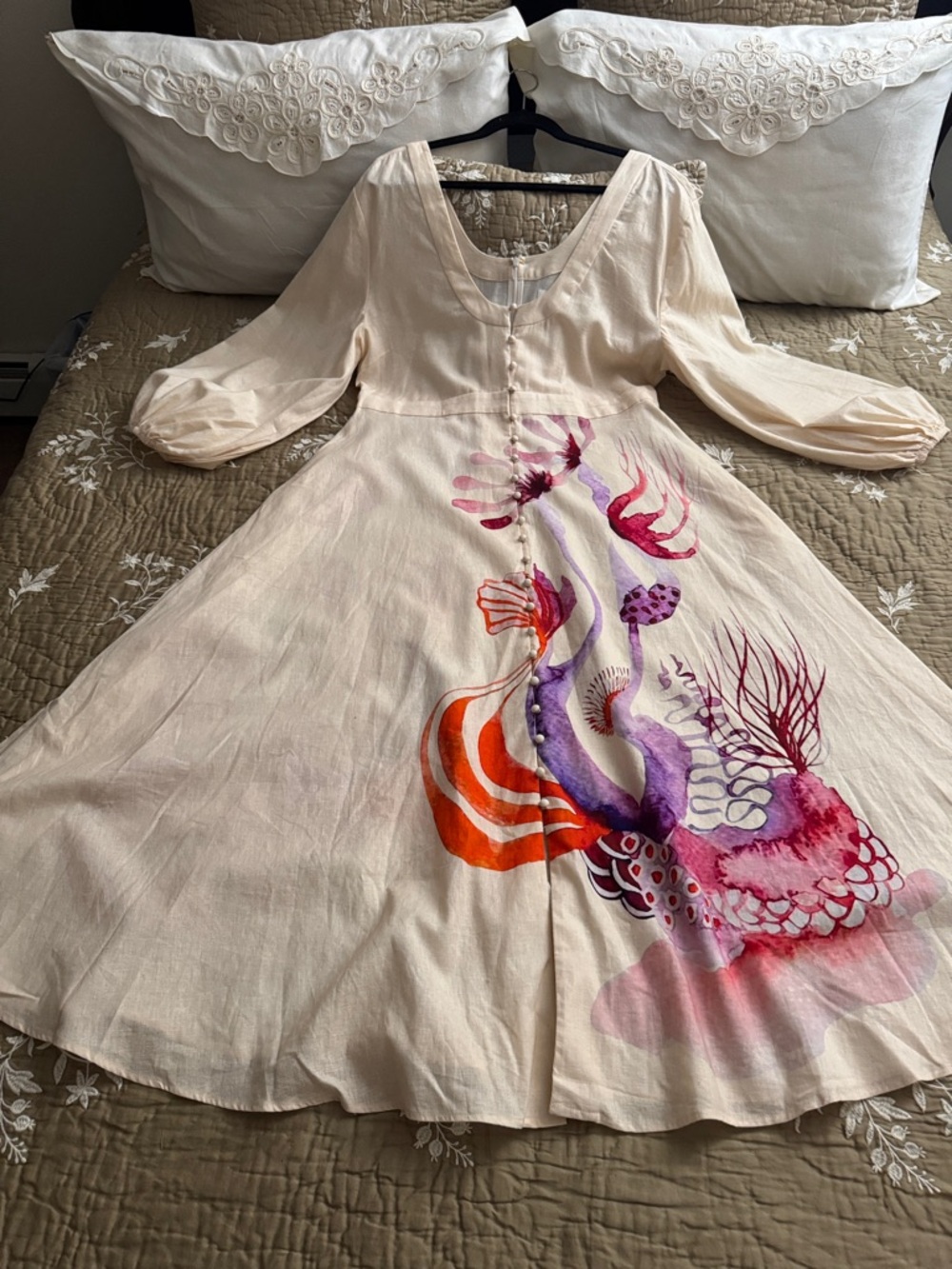 Bohemian Traders Cream Linen Midi Dress with Pink, Purple & Orange Print